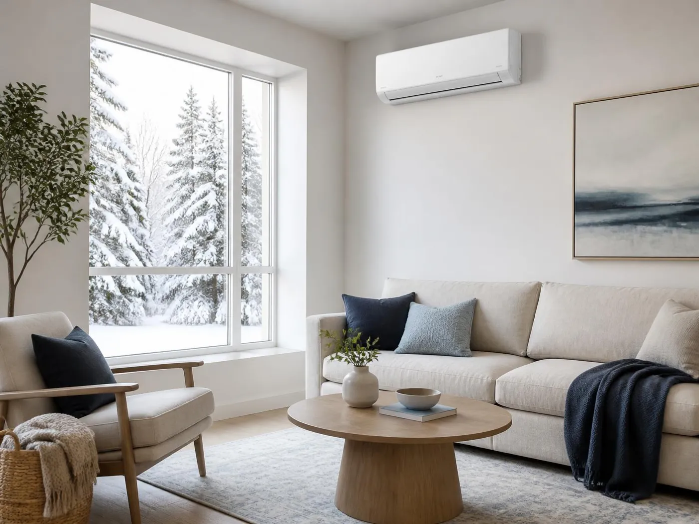 Salon lumineux en hiver avec une unité murale de thermopompe au mur