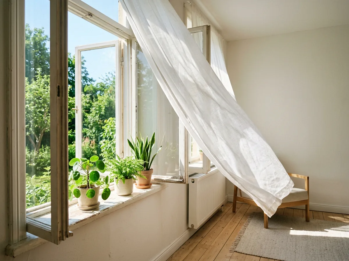 Fenêtre ouverte sur un intérieur clair, rideau soulevé par l’air et plantes vertes sur le rebord