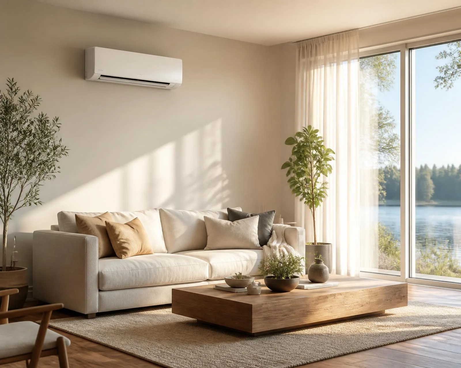 Salon lumineux et moderne avec une unité murale de thermopompe installée au-dessus du sofa