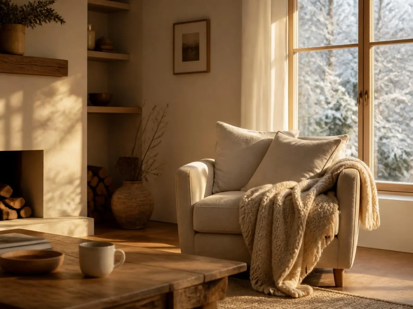 Intérieur chaleureux en hiver, lumière dorée et jeté de laine sur un fauteuil