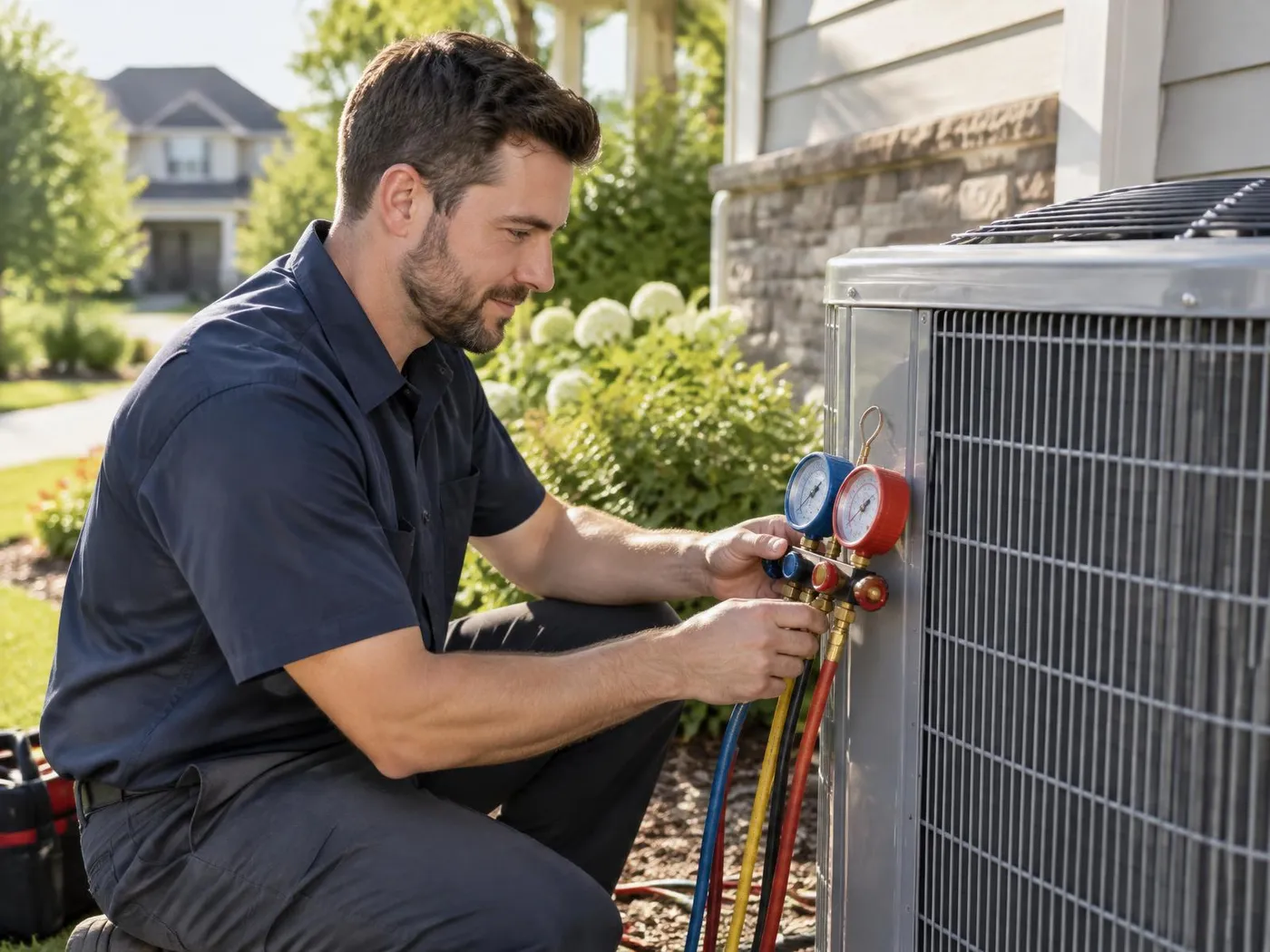 Technician measuring pressures on an outdoor unit